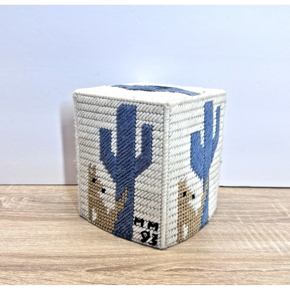 Vintage Cross Stitch Tissue Box Cover Square Vertical Coyote & Saguaro Southwest
